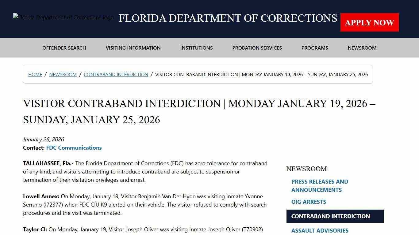 VISITOR CONTRABAND INTERDICTION Monday January 19, 2026 – Sunday, January 25, 2026 / Contraband Interdiction / Newsroom - Florida Department of Corrections